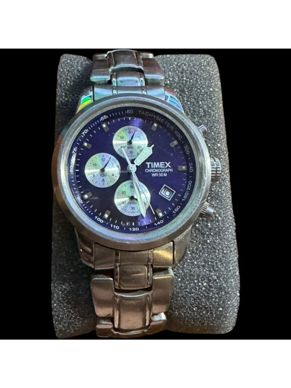 Timex Mens Chronograph Watch W/ Stainless Steel Band Tachymeter WR 50M Purple Di